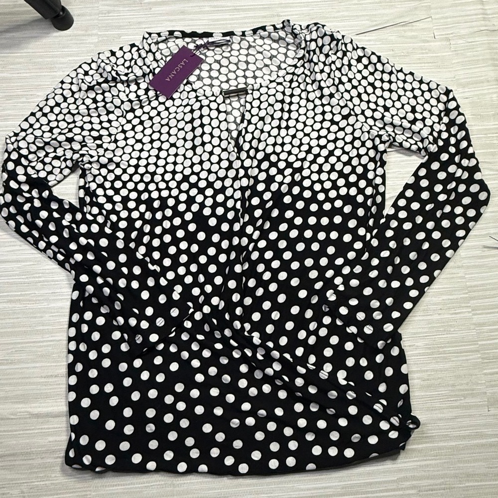 Lascana Womens Polka Dot Draped Wrap Front Keyhole Top Black White‎ Size 4/6 NEW